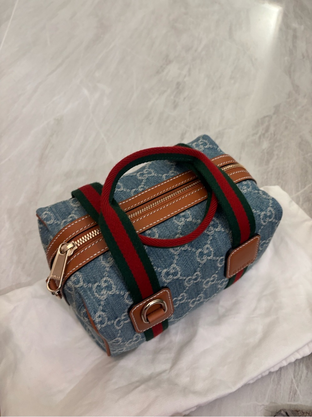 Gucci Blue Denim Mini Duffel with Red & Green Web removable Straps- Boston Pfatz